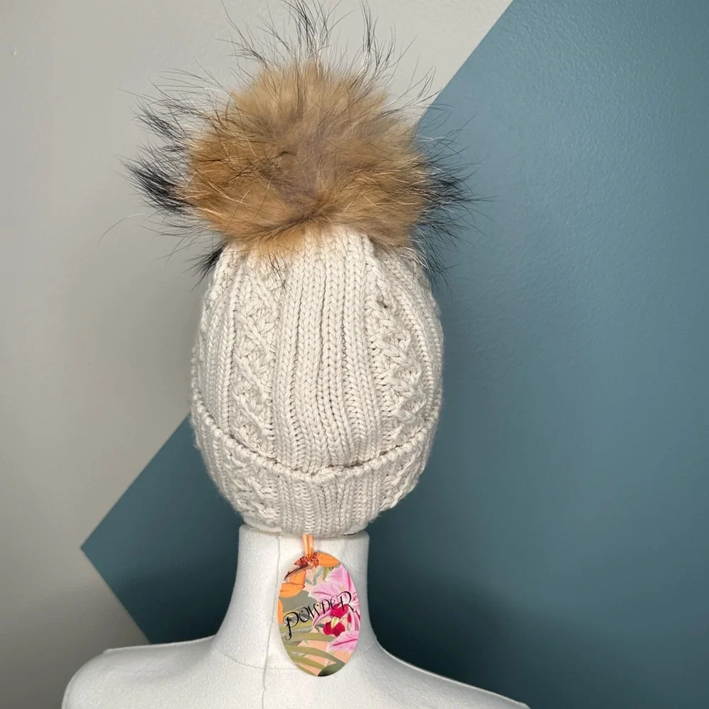 Frost Cable Knit Pom Beanie Hat – Beige, Faux Fur Pom, Made in Poland - Picture 4 of 7